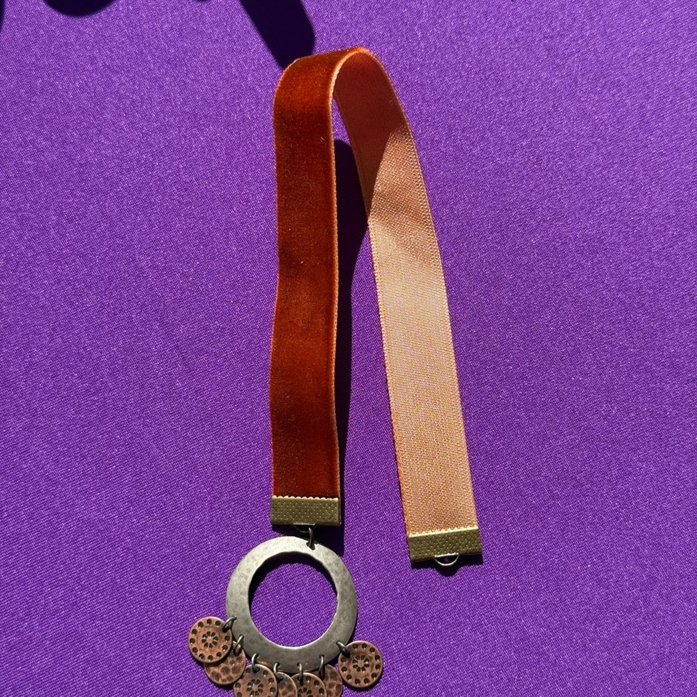 Cognac Colored Velvet Ribbon Bookmark with Two Toned Pendant Accent